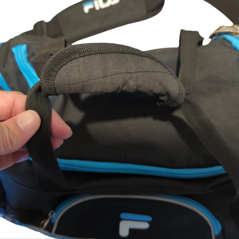 FILA Duffle Sports Gym Travel Bag Black Royal Blue Pockets Compartments Straps